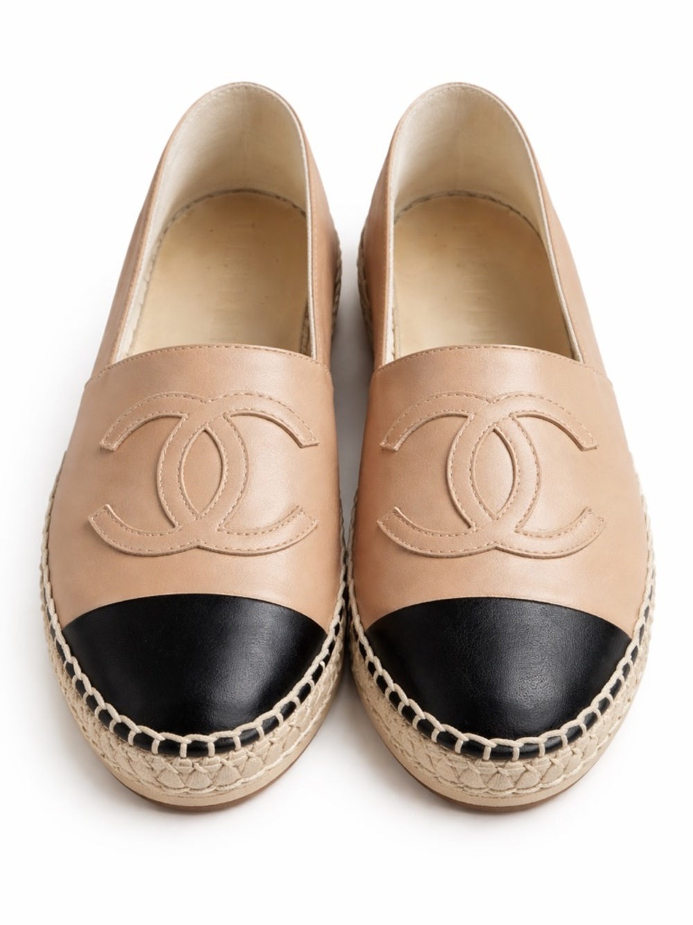 Chanel CC Leather Cap Toe Espadrilles Beige & Black Size 38